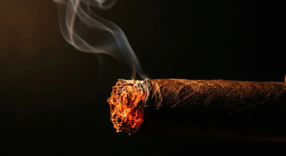 Close-up of a lit cigar ember with smoke curling upward