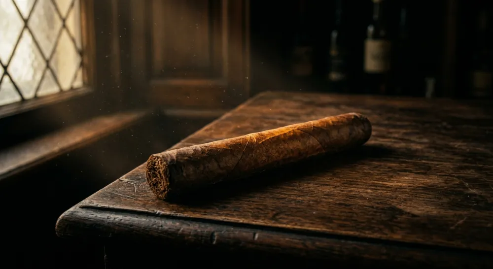 An unlit cigar resting on a wood table beside a window at Lord Puffer Cigars