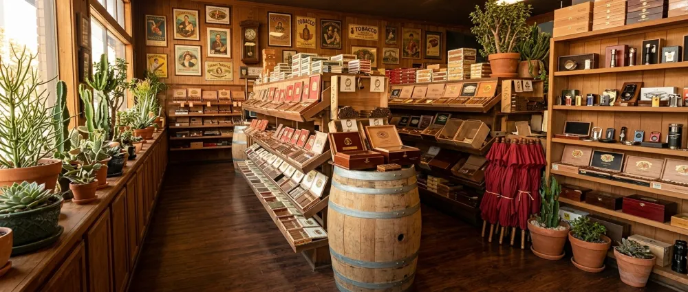 Floor-to-ceiling humidor shelving stocked with cigar boxes at Lord Puffer Cigars