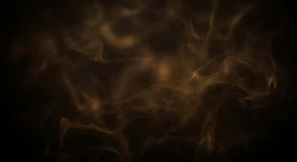 Wisps of cigar smoke curling through low amber light
