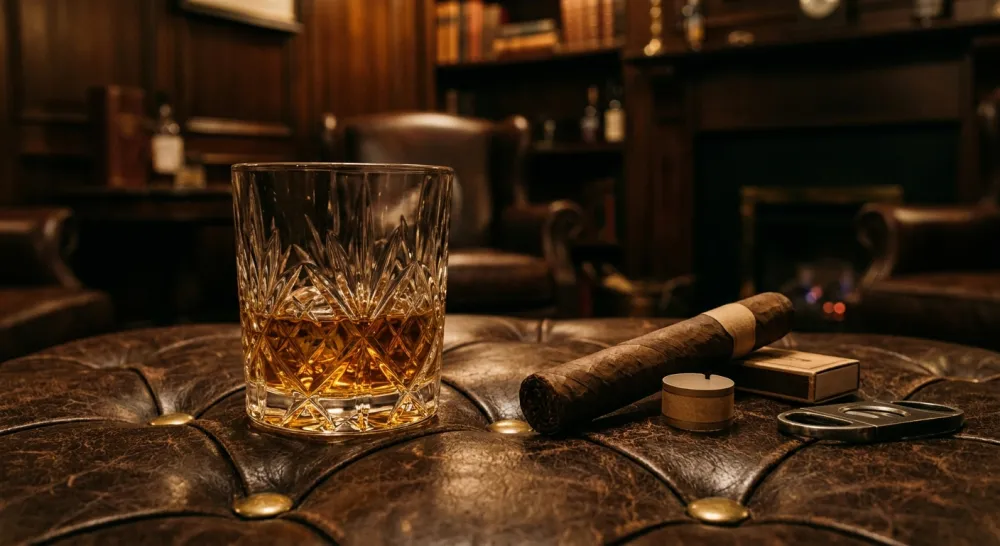 Whiskey and cigar set on a leather ottoman in the private lounge