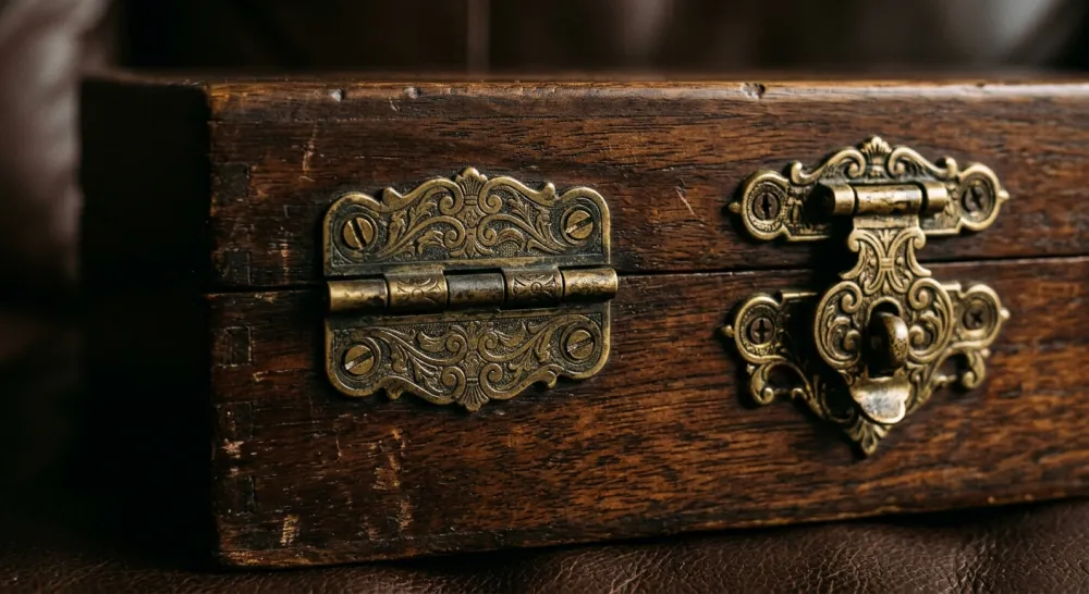 Antique brass hardware and lock detail on a wooden humidor locker