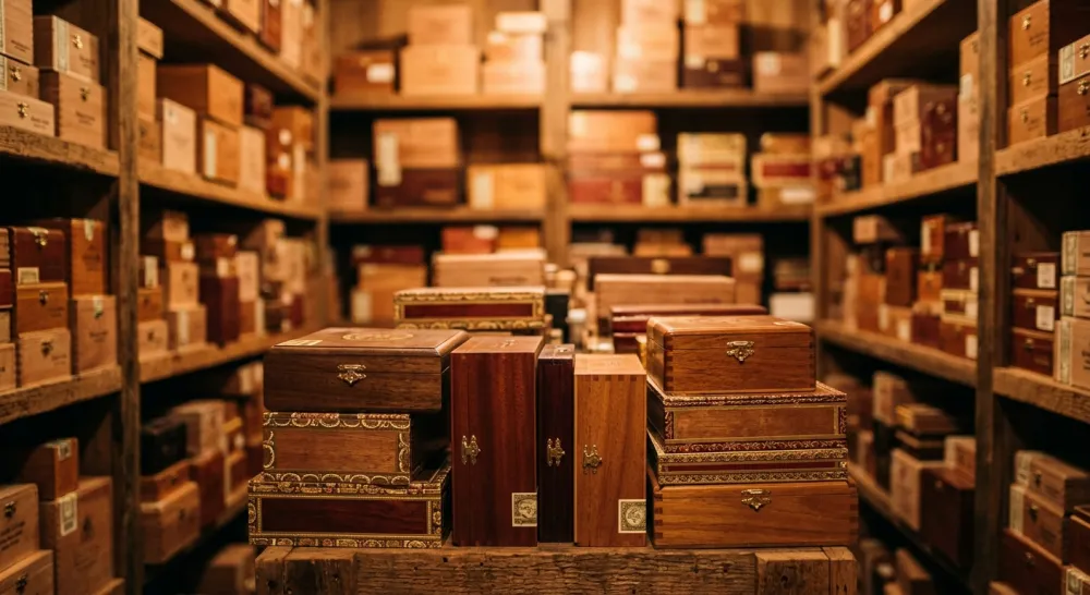 Rows of wooden cigar boxes stacked deep on shelves inside the humidor