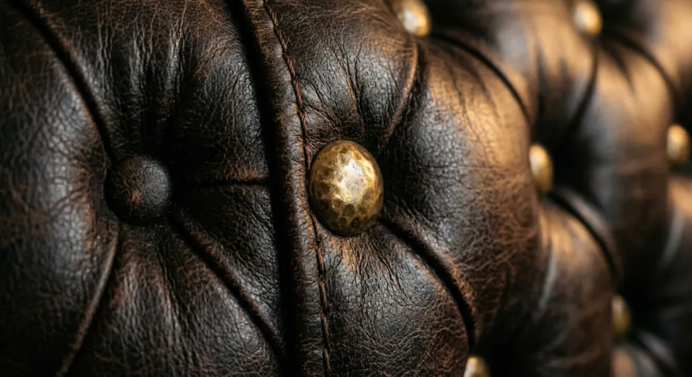 Detail of tufted brown leather upholstery with a brass button